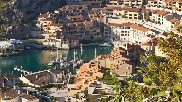 A coastal town with buildings, a marina, and boats.