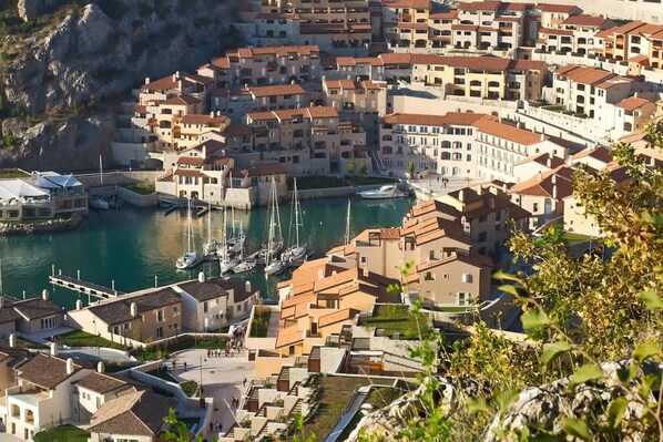 A coastal town with buildings, a marina, and boats.