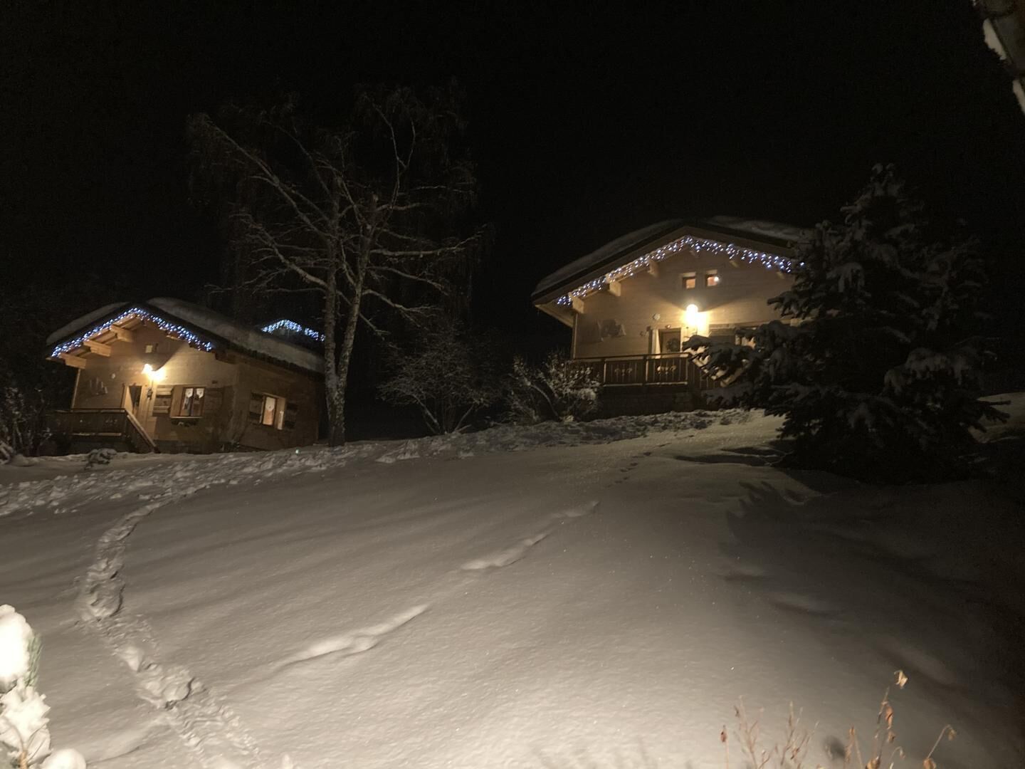 Deux maisons recouvertes de neige, dont les façades sont illuminées, entourées de neige et d’arbres.