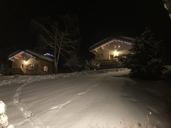 Dos casas cubiertas de nieve con fachadas iluminadas, rodeadas de nieve y árboles.