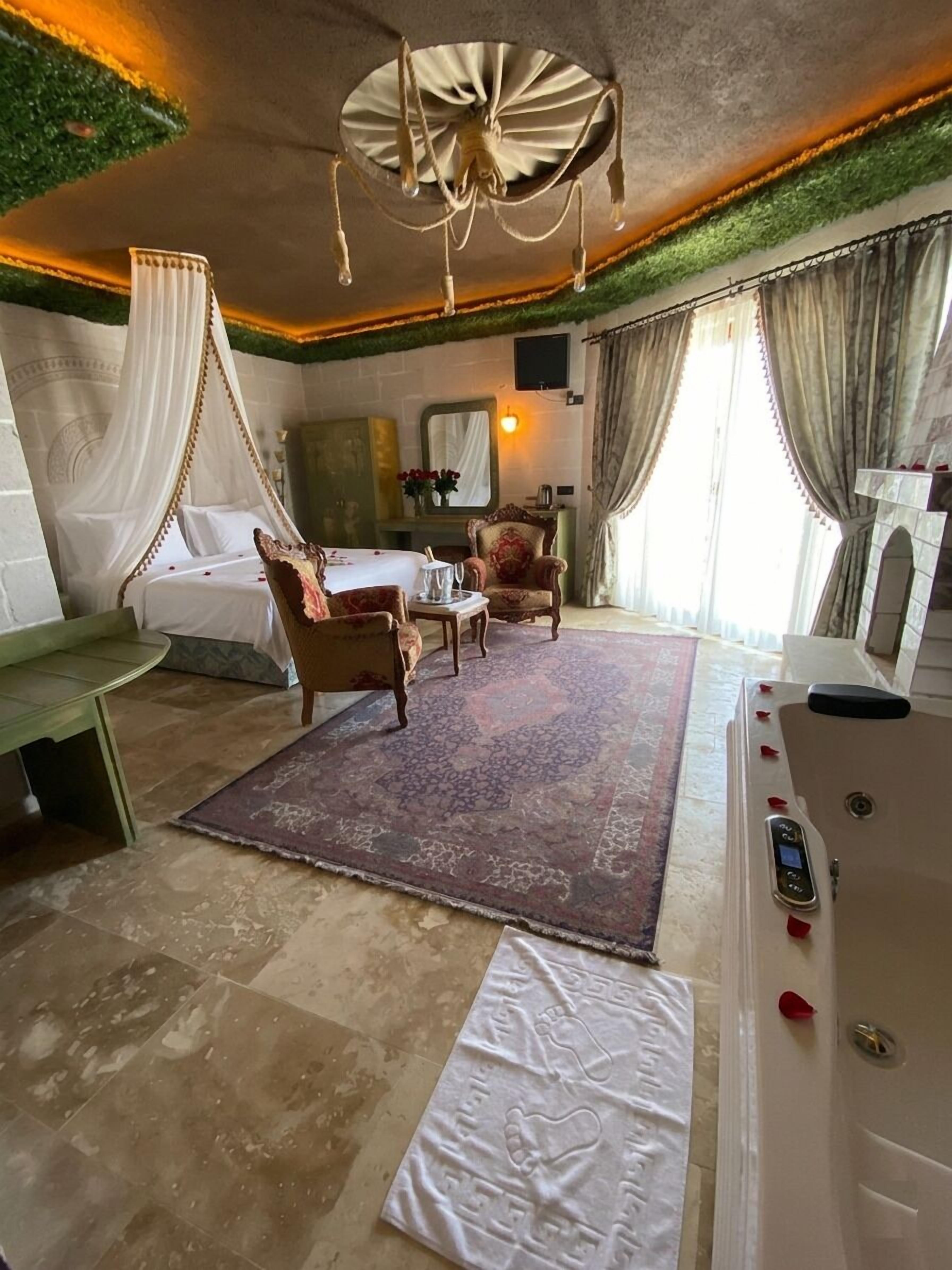A room with a bed, a chair, a small table, a rug, a bathtub, and a television.