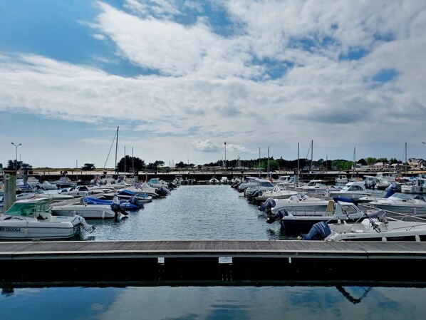 Un puerto deportivo con barcos amarrados a lo largo de un muelle de madera.