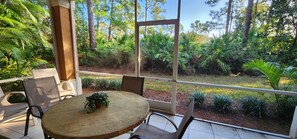 A round wooden table with chairs, a potted plant, and a view of a lush garden through large windows.