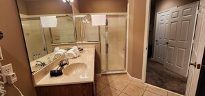 A bathroom with a sink, mirror, shower, and a door leading to another room.