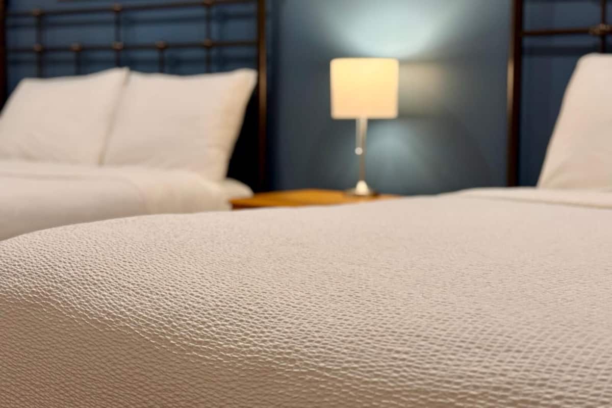 Una cama con cubierta blanca texturizada, una mesita de noche con lámpara y una pared azul con un cuadro enmarcado.