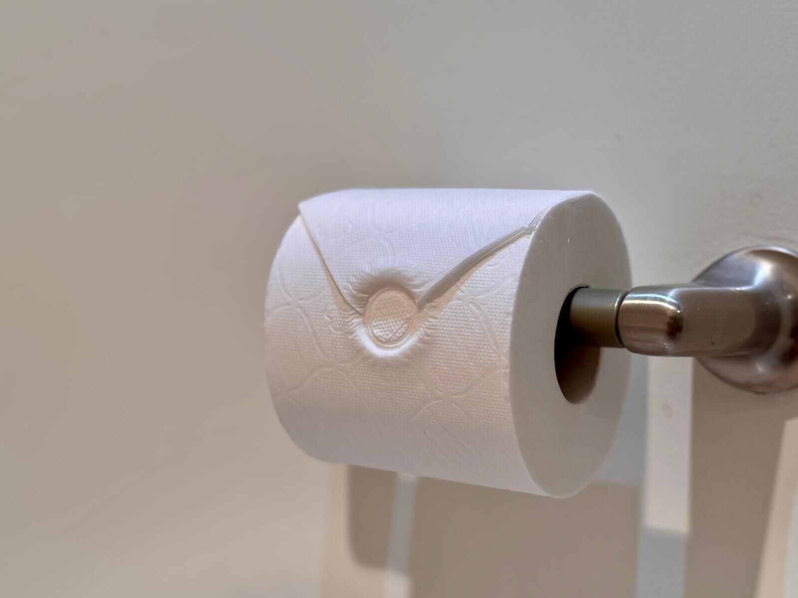 A toilet paper roll mounted on a metal holder.
