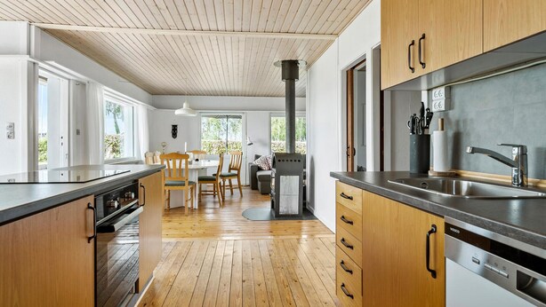 Moderni keittiö, jossa on puiset kaapit, ruostumattomasta teräksestä valmistettu allas ja sisäänrakennettu astianpesukone.