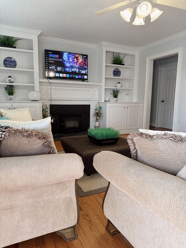 Smart TV, chimenea y libros 