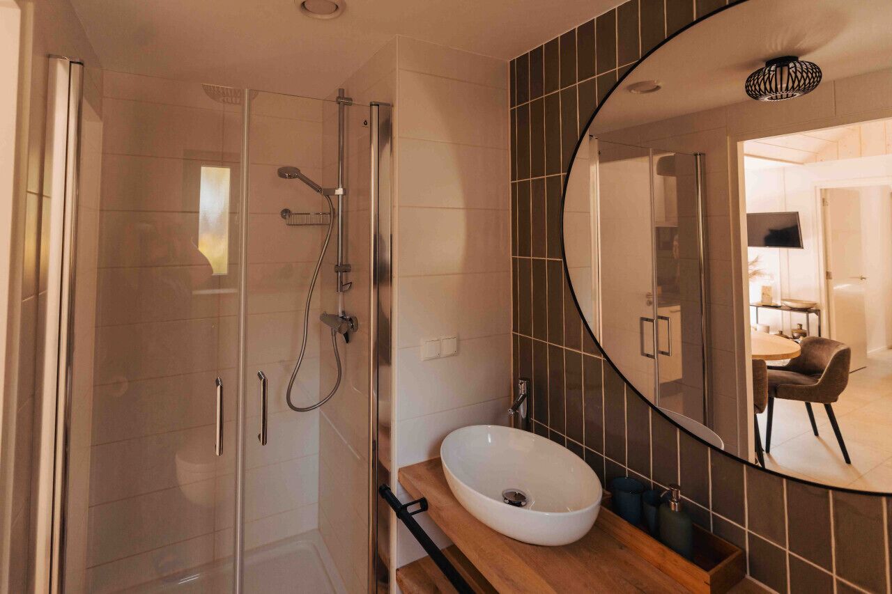 A modern bathroom with a glass-enclosed shower, a white sink, and a large mirror reflecting a dining area.