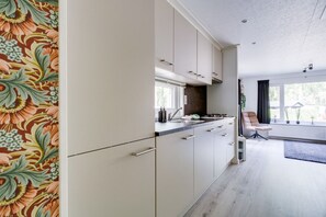 Frigorífico, microondas, placa de cocina y cafetera o tetera