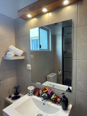 Shower, hair dryer, towels, soap