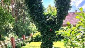 A lush garden with a wooden fence, a well-maintained lawn, and a variety of trees and shrubs. - Strandstrasse - "Vacation in the vacation home Min Hüsung: relaxation and adventure on the Baltic Sea!" (Loddin)