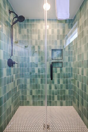 Hair dryer, towels, soap, shampoo