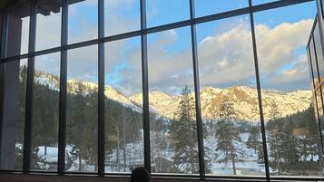 Una habitación con ventanas amplias que ofrecen vistas a montañas nevadas y árboles.