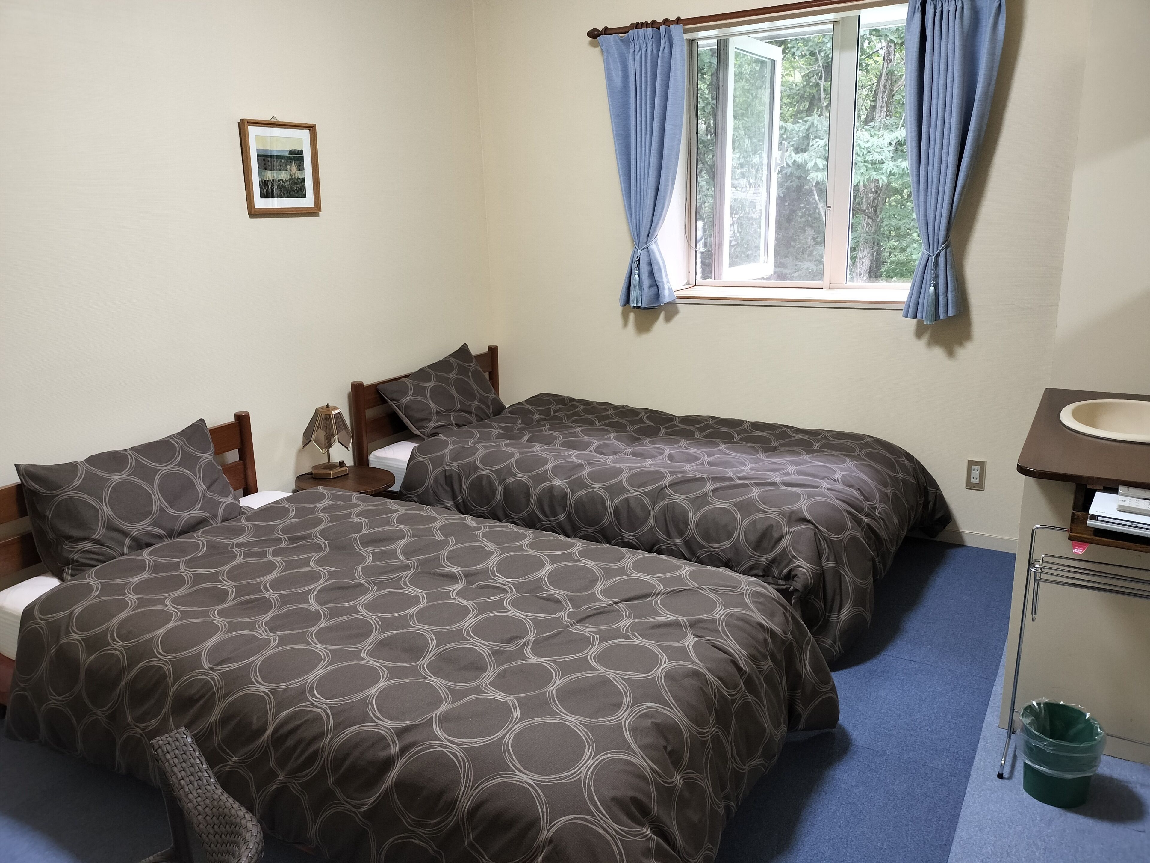 A room with two beds, a window with curtains, a bedside table with a lamp, a framed picture on the wall, and a small sink with a mirror.
