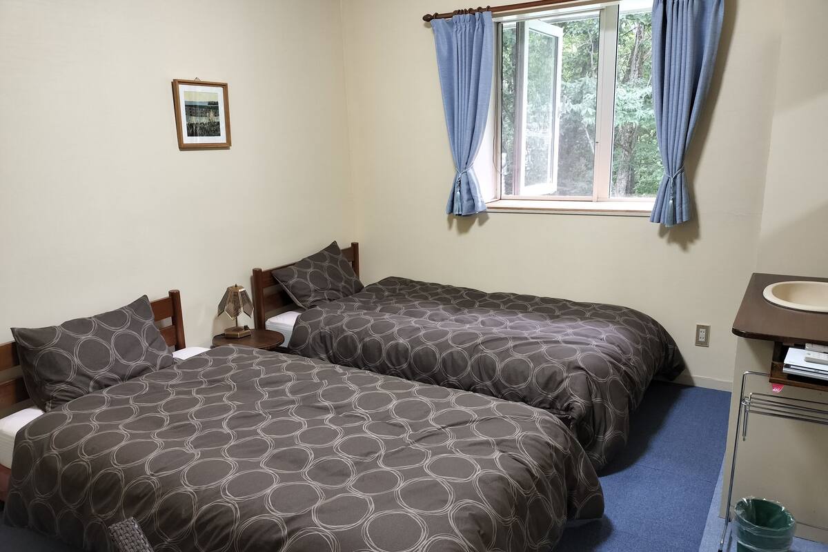 A room with two beds, a window with curtains, a bedside table with a lamp, a framed picture on the wall, and a small sink with a mirror.