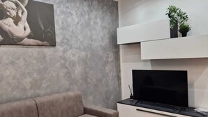 A modern living room with a grey sofa, a flat-screen TV, and a fireplace. - Canova Accogliente Casa Vacanze - Affari (Milano)