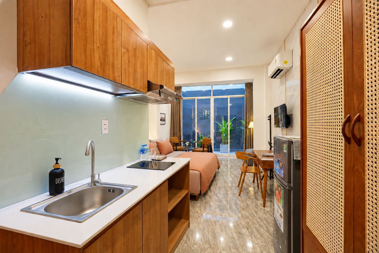 A modern kitchen with a built-in stove, a sink, and a refrigerator. There is a dining area with a table and chairs, and a sofa.