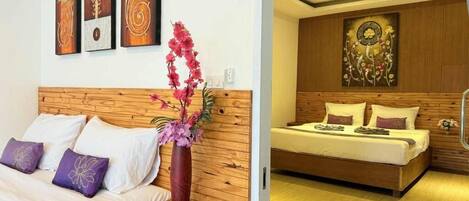 A bedroom with a wooden headboard, a bed with white bedding, a nightstand, and a vase with flowers.
