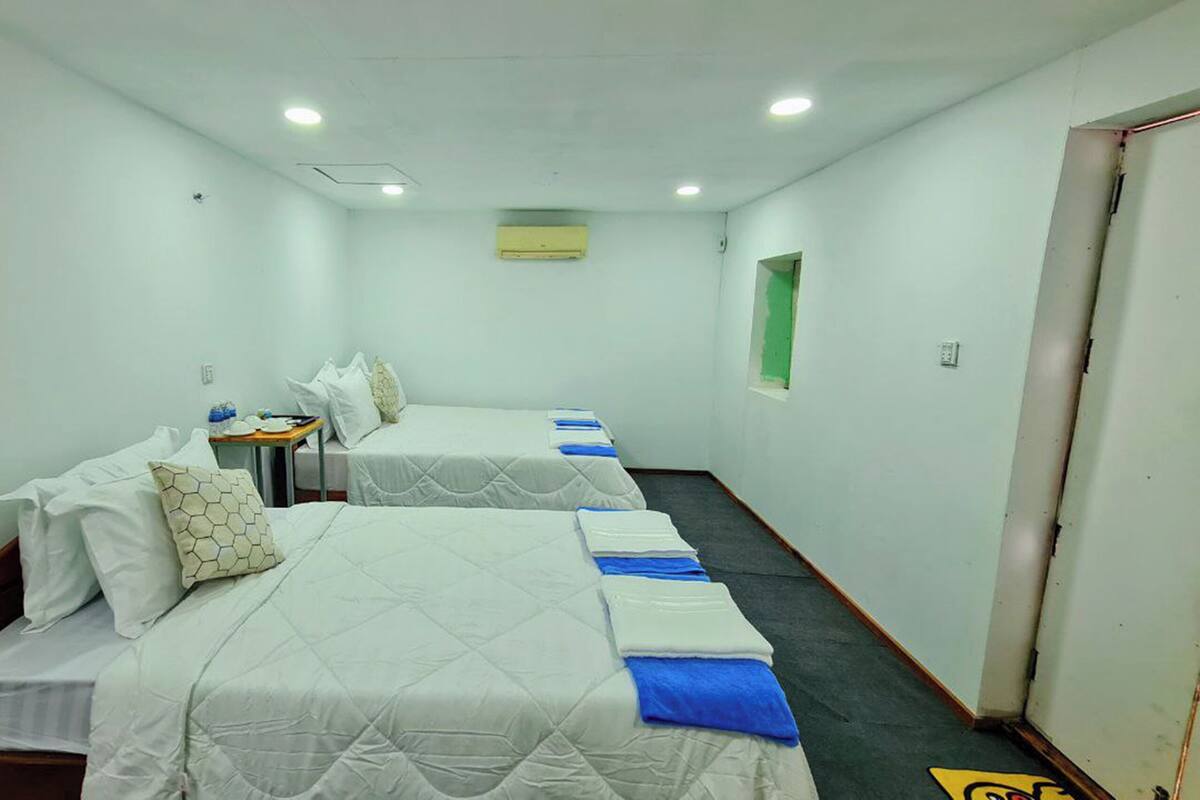 A hotel room with two beds, a small table with a water bottle, and a green window.