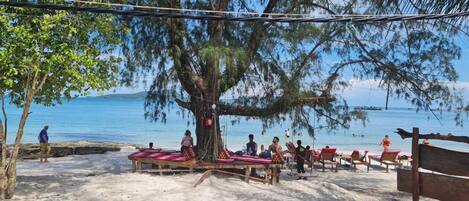 A beach with a large tree providing shade, a sandy area with wooden benches, and a view of the sea.