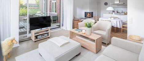 Télévision, cheminée, chaîne hi-fi