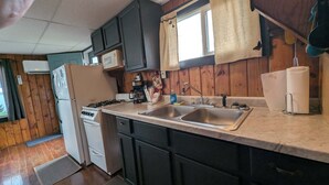 A compact kitchen with a stove, sink, and refrigerator. - 1BR Cozy Cabin- Small walk from Chippewa Lake (Chippewa Lake)