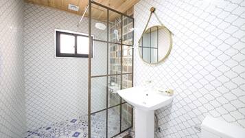 A bathroom with a shower enclosure, a sink, a mirror, and patterned tiles.