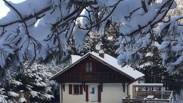 Een met sneeuw bedekte houten chalet met een rode deur en schoorsteen, omgeven door sneeuwzware bomen.