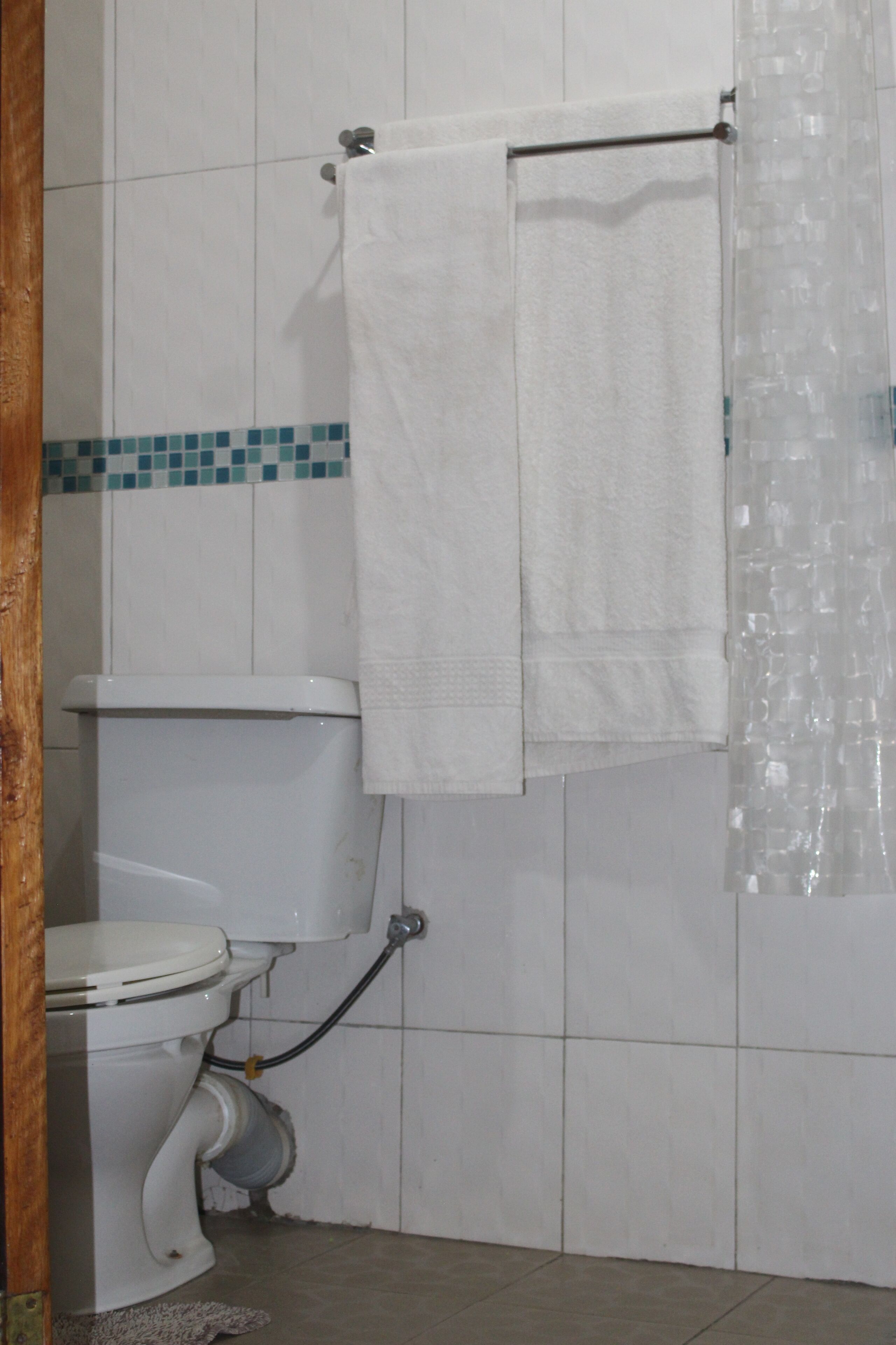 A bathroom with a toilet, a towel rack with a white towel, and a shower curtain.