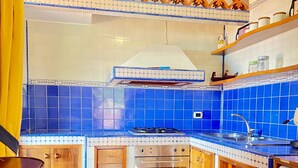 Une cuisine avec des carreaux de céramique bleus, une cuisinière à gaz, un four, des armoires en bois et un évier.
