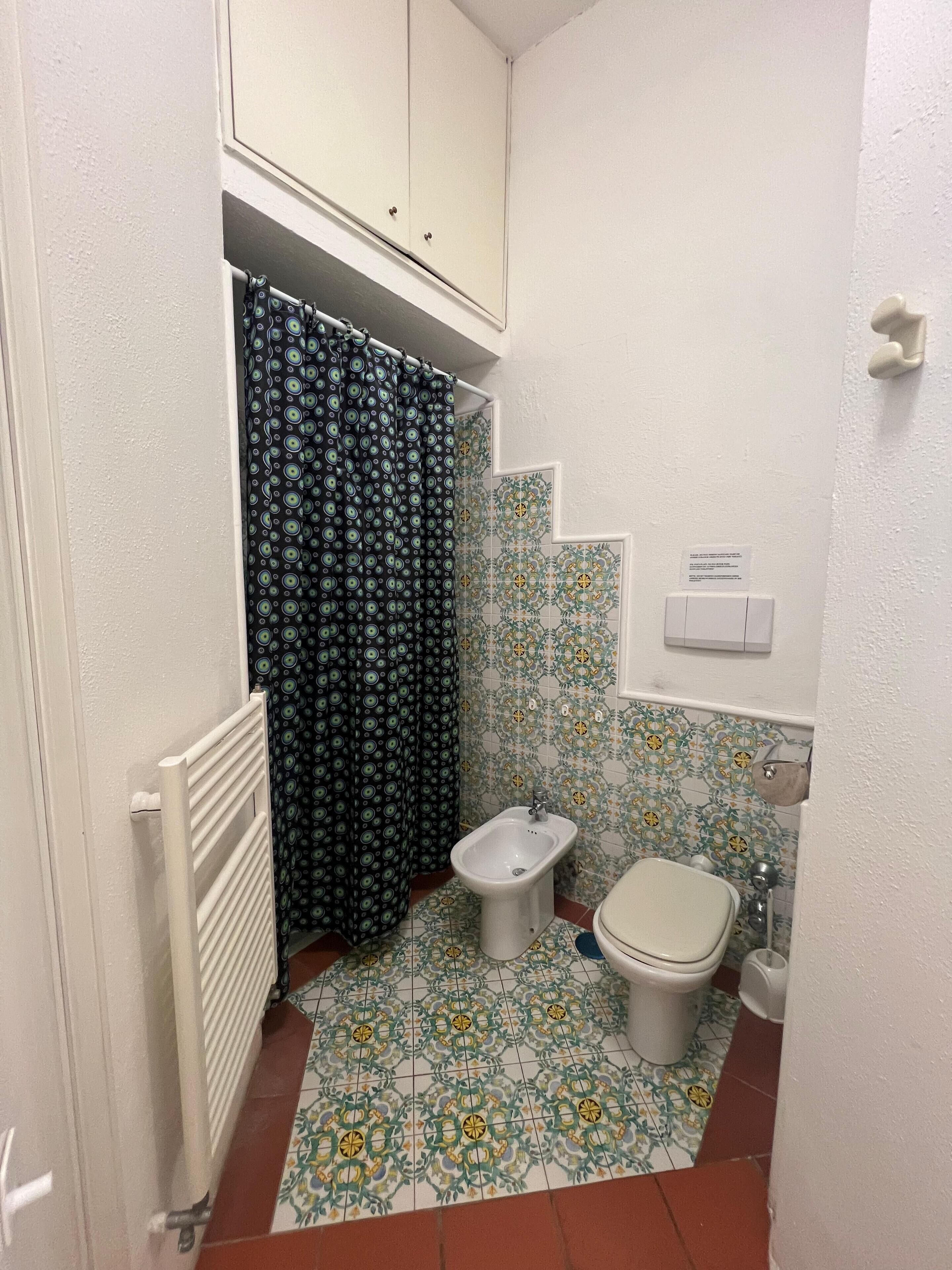 A small bathroom with a toilet, bidet, and a shower curtain.