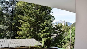 A balcony with a view of a forest and a mountain with a church. - Ground floor, terrace, tv, ski locker, 72m², Champagny-en-Vanoise (Champagny-en-Vanoise)