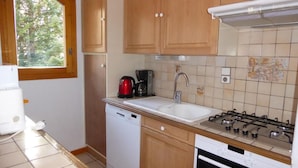 A compact kitchen with wooden cabinets, a white dishwasher, a gas stove, and a window with a view of trees. - Ground floor, terrace, tv, ski locker, 72m², Champagny-en-Vanoise (Champagny-en-Vanoise)