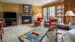 Una sala de estar con chimenea, asientos cómodos, televisor y ventanas amplias.