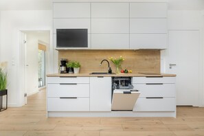 Fridge, stovetop, dishwasher, coffee/tea maker