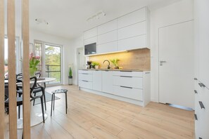 Fridge, stovetop, dishwasher, coffee/tea maker