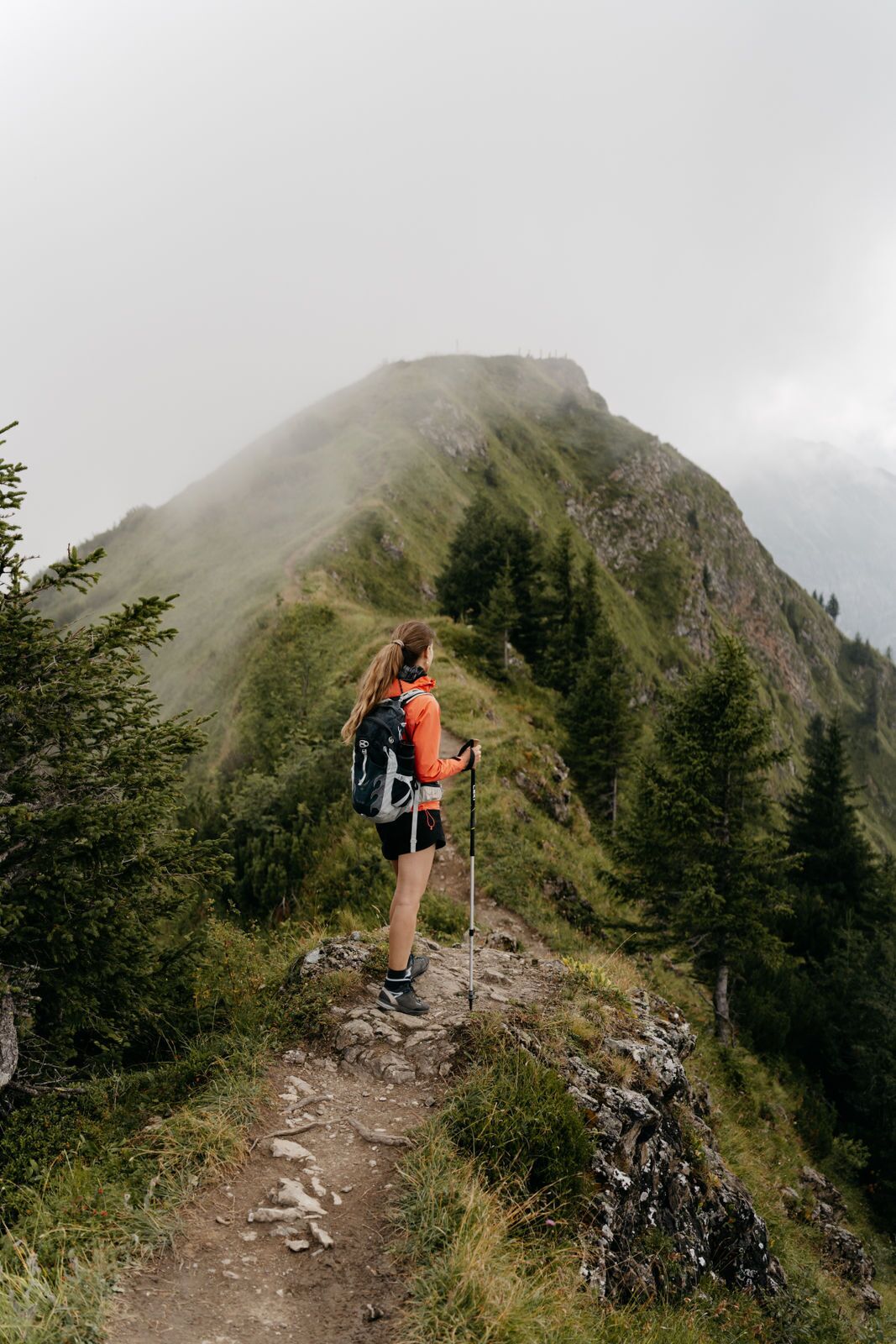 Ein Wanderer auf einem Bergpfad mit Rucksack, umgeben von üppiger Vegetation und einem nebelverhangenen Berggrund.