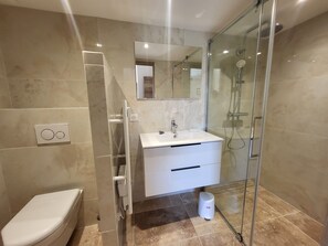 Regadera, secadora de cabello, toallas, jabón 