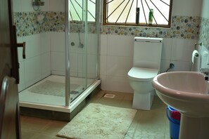 Shower, towels, toilet paper