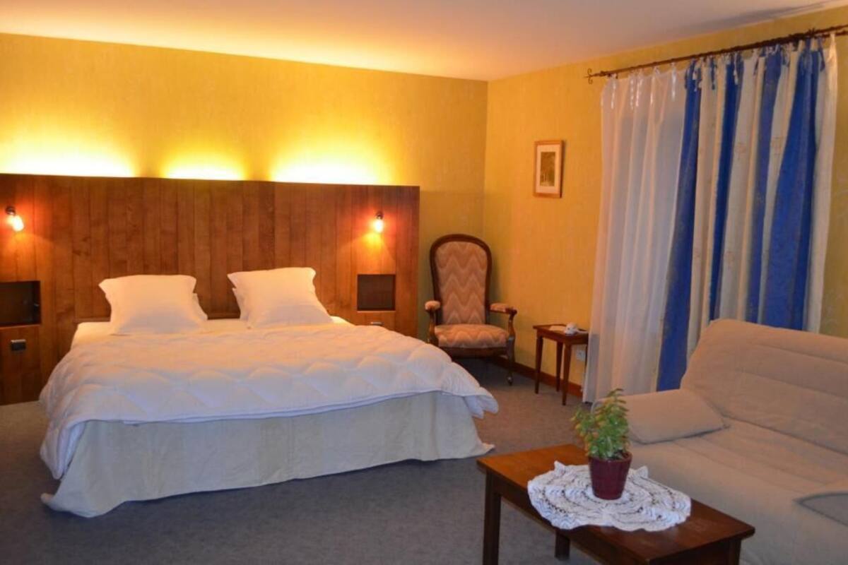 Een hotelkamer met een groot bed, twee nachtkastjes, een stoel, een bank en een bijzettafeltje met een plant.