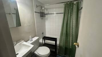 Hair dryer, towels, soap, toilet paper