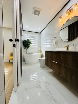 Shower, hair dryer, bidet, towels
