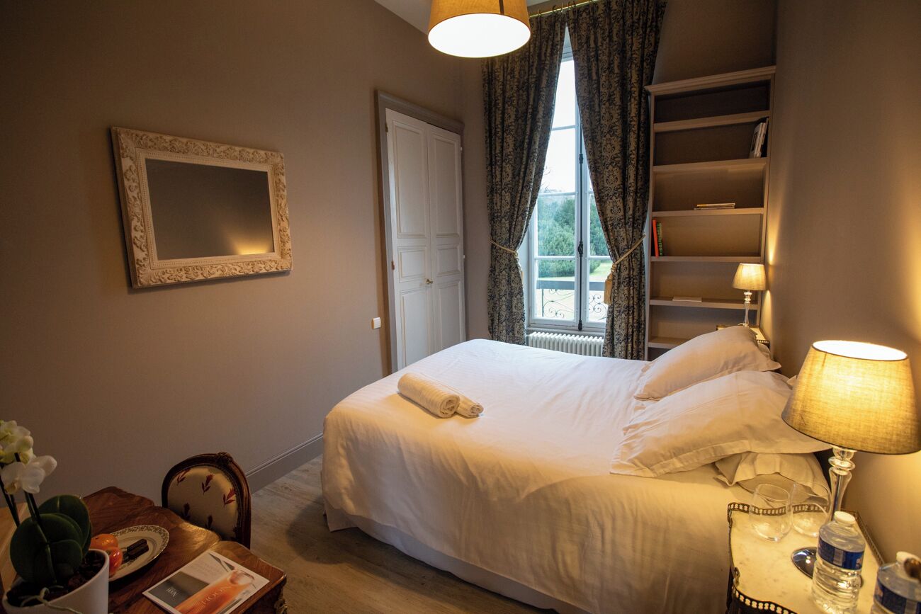 Une chambre d’hôtel avec un lit, une table de chevet avec une lampe, une chaise, une petite table avec une plante, un tableau encadré et une bibliothèque.