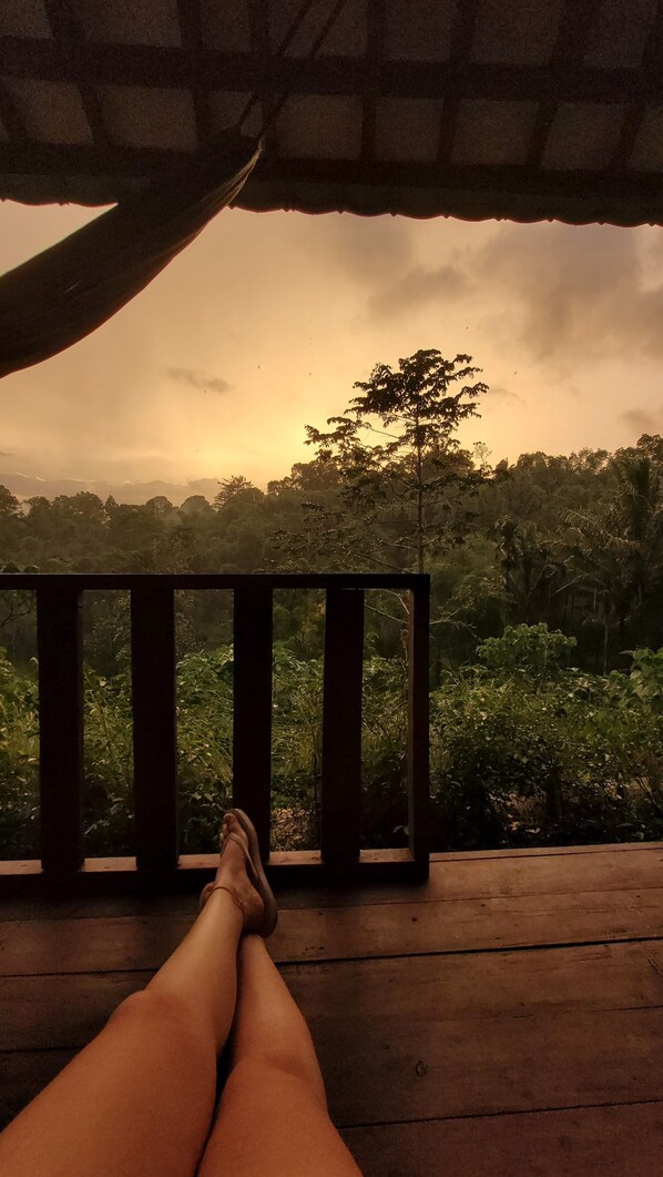A wooden deck with a view of a forest and a tree silhouetted against a sunset sky.