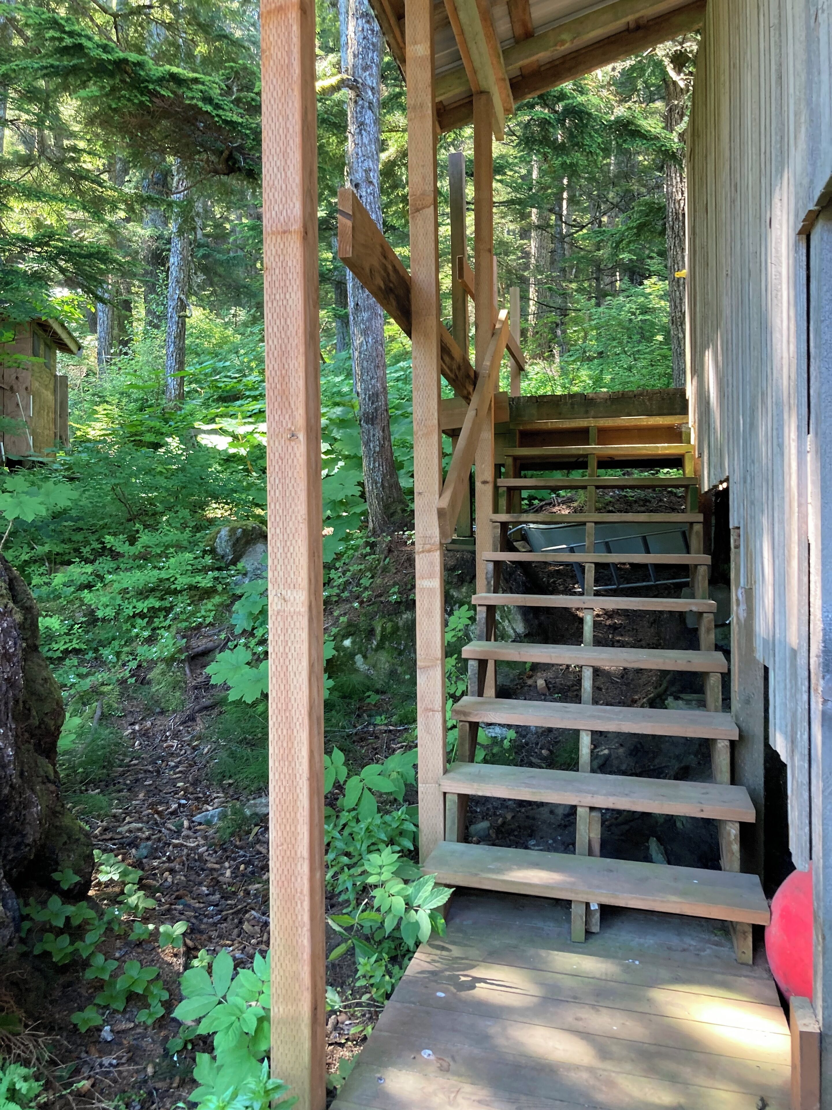 A wooden staircase leading up to a covered area in a forested setting.