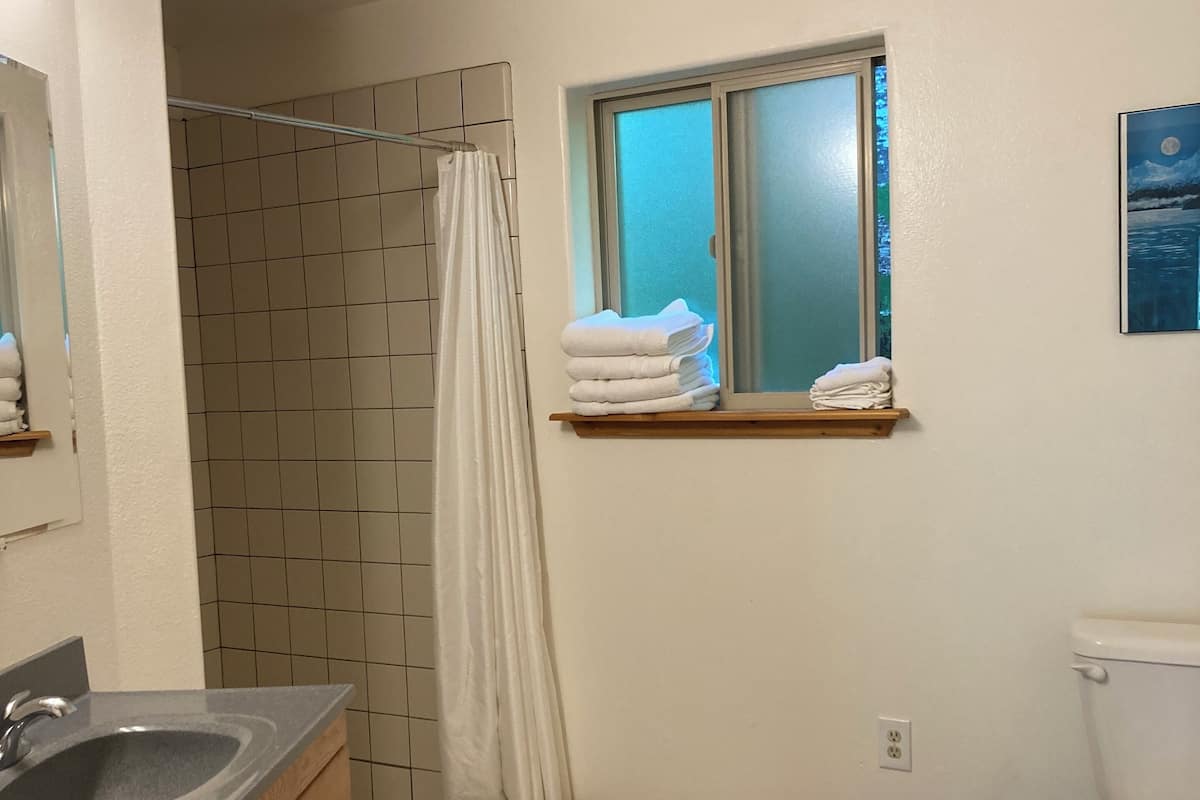 A bathroom with a shower, a sink, a toilet, and a window with towels on a shelf.