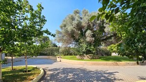 A paved pathway with a curved design, surrounded by well-maintained grass and trees. - Honeywell Comfort Stay (Markopoulo Mesogaias)
