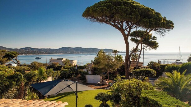 Une propriété située sur la côte, offrant une vue sur la mer, avec un grand arbre et une pelouse bien entretenue.