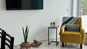 A modern living room with a flat-screen TV mounted on the wall, a yellow armchair with a patterned throw, a small side table with decorative items, and two terracotta turtle-shaped planters. - Carrizo apartment (Mazatlán)